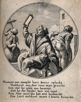 A physician holding an astronomical instrument looks into a mirror to observe the backside of a woman who inserts a speculum between her buttocks; right, an ape. Etching by W. Hollar.