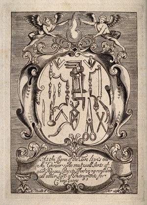 view Surgical instruments, including lancets, saws and forceps, made by Isaac Grenier; advertising his goods for sale. Etching by H. Neutte [?], 1698.