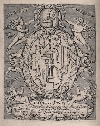 Surgical instruments, including lancets, saws and forceps; advertising the work of the surgical instrument-maker J. Songy. Etching, 1732.