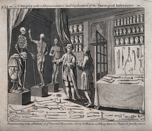 A surgeon shows a gentleman his surgery: the room contains a human skeleton, écorché figures, rows of jars and a variety of medical instruments. Engraving, ca. 1748.