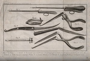 view Surgical instruments: eight figures. Engraving with etching, 1770/1830?.