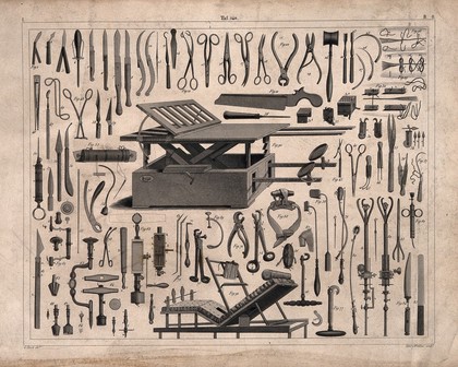 Surgical instruments: 91 figures, including an operating table and an adjustable bed. Line engraving by H. Winkles under the direction of J.G. Heck, 1830/1845.