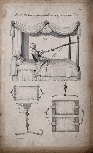 view A mechanism to enable invalids to lift themselves up into the sitting position in bed. Engraving by A.W. Warren, ca. 1820, after H.W. Reveley.