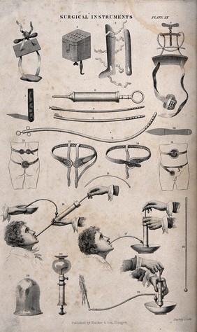 Surgical instruments and applicances: 21 figures, including a demonstration of a combination stomach-pump/enema (?). Engraving with etching by J. Scott, 1850/1860?.