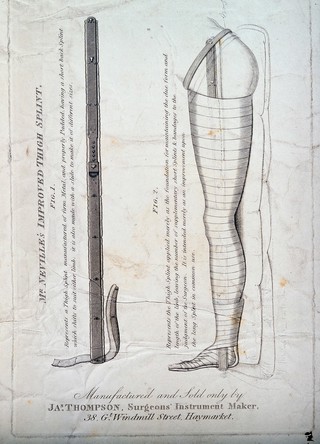 Advertisment for a thigh splint: two figures, including an illustration showing the splint in place on a bandaged limb. Engraving with etching, 1830/1860?.