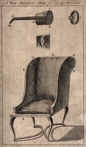 view A chair designed for use by the deaf, incorporating a hearing device. Engraving with etching, 1770/1830?.