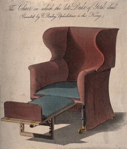 The chair on which the Duke of York (1763-1827?) died. Coloured engraving, ca. 1827.