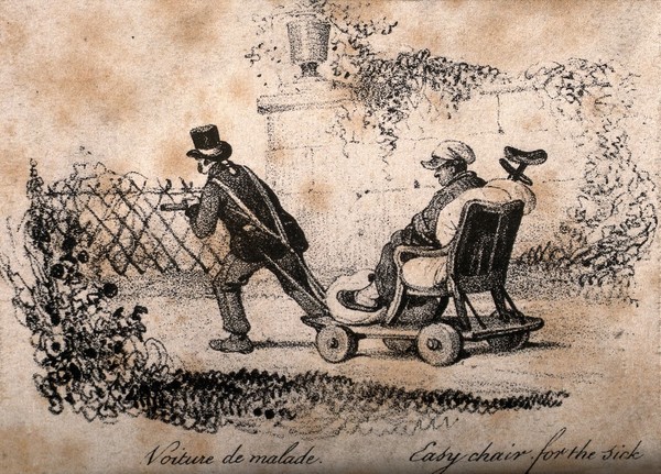 An invalid being drawn through a garden in an early wheelchair, called the 'voiture de malade'. Lithograph, 1830/1860?.