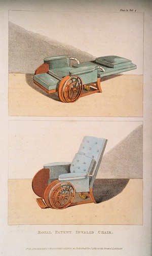 view Royal patent adjustable invalid chair, shown in horizontal and upright positions. Coloured etching, 1810.