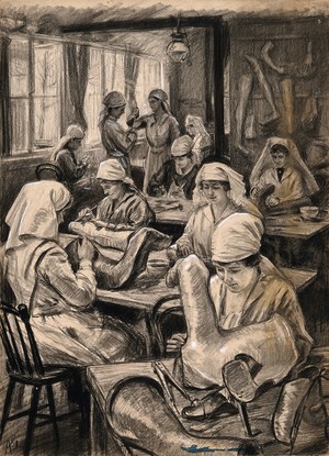 view World War I: women manufacturing prosthetic limbs. Charcoal drawing with bodycolour by A. Garratt, 1916.