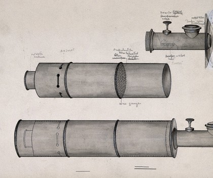 Apparatus for the inhalation of ether vapour. Pen and ink drawing with watercolour and bodycolour by Miss Wilson, ca. 1920.