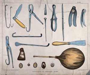 view Arabic surgical instruments: nineteen figures. Coloured lithograph by F. Cazenave after J.J. Rifaud, ca. 1830.