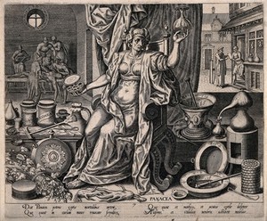 view Panacea, daughter of Æsculapius, examining a urine flask and surrounded by medical paraphernalia. Engraving by P. Galle (?).