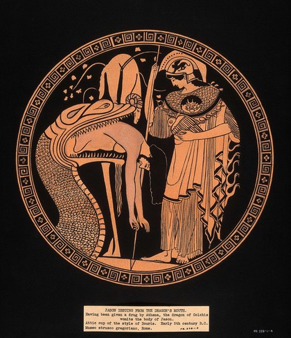 Jason being vomited from the dragon of Colchis's mouth after it had received a drug from Athena. Gouache painting by S.W. Kelly, 1936.