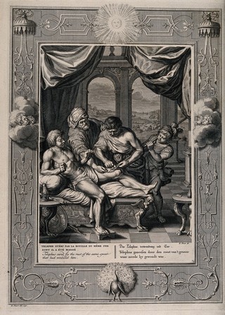 Telephus (son of Hercules) cured of a potentially fatal wound with some rust from Achilles' spear, with which he had originally been wounded. Engraving by B. Picart, 1730, after P. Brebiette.