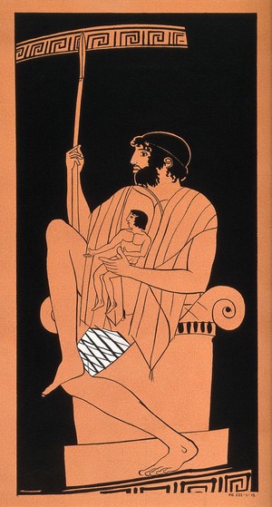 view Telephus recovering from his fatal wound with bandaged thigh and carrying Orestes. Coloured ink drawing by S.W. Kelly, 1937, after an Attic cup, ca. 450 B.C.
