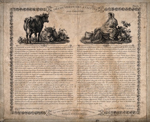 Two vignettes relating to vaccination. Etching with letterpress by L. Baltard after himself.