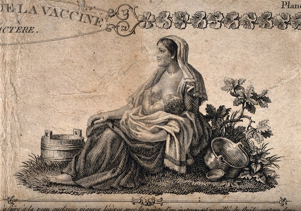 Vaccination: description and vignettes of cow and of a suckling mother. Etching with letterpress by L. Baltard after himself, 18--.