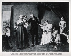 view Dr. J. Alibert taking serum from a servant's baby to vaccinate the child of Mme Desbordes-Valmore. Photograph, 1938, of a painting by C. Desbordes, 1822.