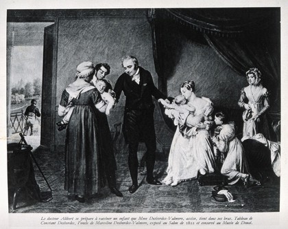 Dr. J. Alibert taking serum from a servant's baby to vaccinate the child of Mme Desbordes-Valmore. Photograph, 1938, of a painting by C. Desbordes, 1822.