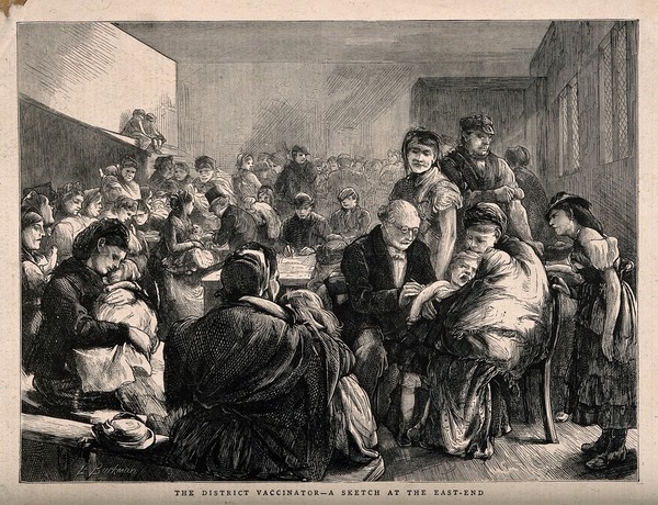 A dispensary in the East End of London: crowds of local children are being vaccinated. Wood engraving by E. Buckman, 1871.