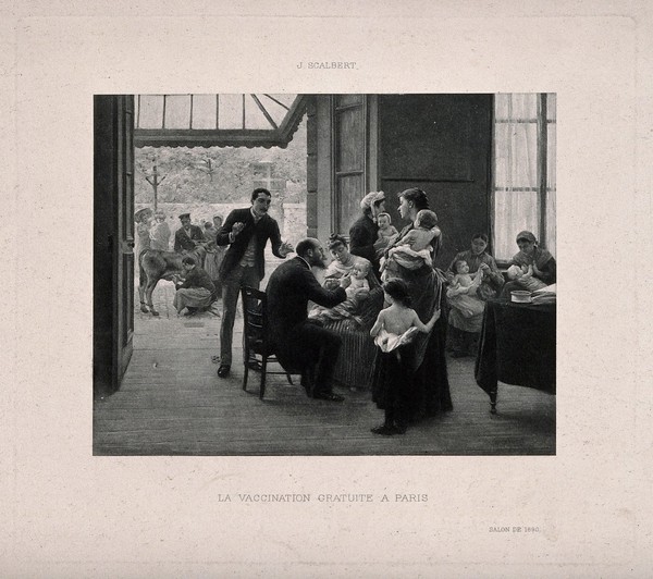 A doctor vaccinating children in a clinic, other mothers and children are waiting, in the background is a man getting serum from a cow. Photogravure after J. Scalbert, 1890.