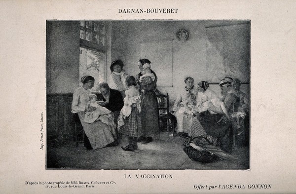 A doctor vaccinating a baby, other babies wait with their mothers to be vaccinated. Process print after a photograph by M.M. Braun, Clément & Co. after a painting by P. Dagnan-Bouveret.