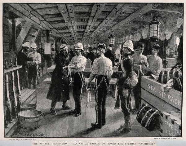 Army physicians vaccinating soldiers below decks on the SS. Bathhurst. Process print by C. Henschel after a drawing by C. Staniland after A. Cox.