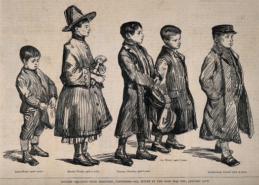 Louis Pasteur and his rabies patients. Wood engraving, 1886.