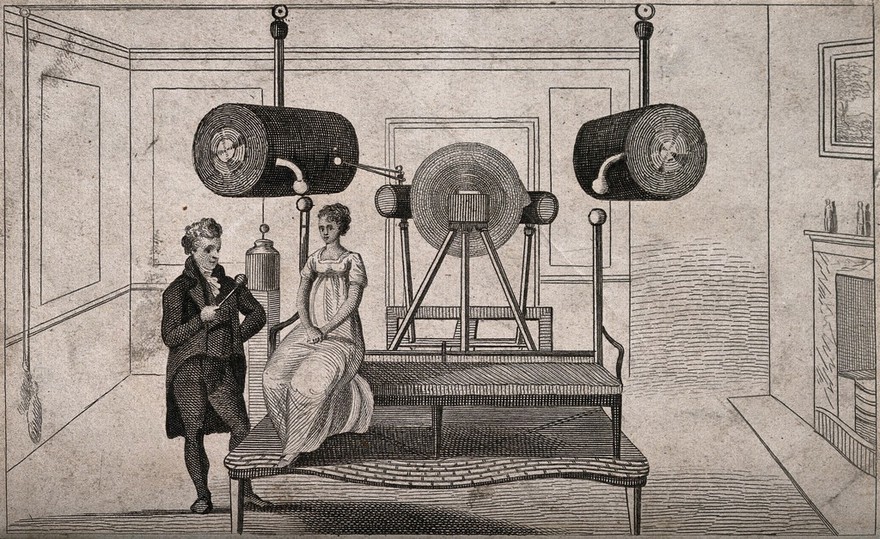 Francis Lowndes, an electrotherapist, treating a woman on an electrotherapy machine. Etching.