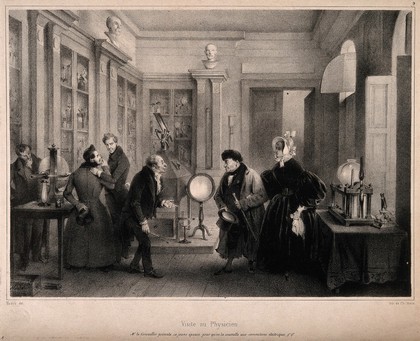 A man brings his young wife to a natural philosopher's establishment so that she may receive electric stimulation. Lithograph by C. Motte after J. Madou.