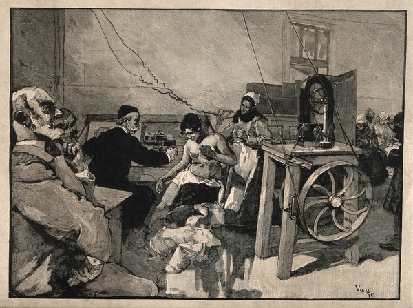 A doctor demonstrating electrotherapy on a young semi-naked woman in front of other doctors and a nurse, other female patients are waiting in the background. Process print of a wood engraving by G.D.I. after D. Urrabieta Ortiz y Vierge.