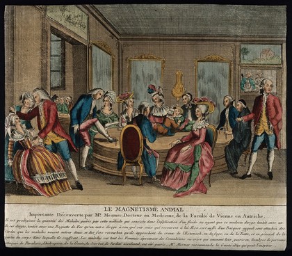 Patients in Paris receiving Mesmer's animal magnetism therapy. Coloured etching after C-L. Desrais.