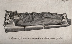 view A body covered with a blanket lying on a heated bath for the purpose of resuscitation. Etching, 1790.