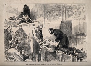 view Benjamin Howard assisted by Sir E. Sieveking demonstrating artificial respiration on a supine figure at the Royal Humane Society. Wood engraving by T. Robinson, 1878, after C. Robinson.