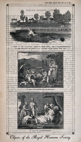 Three vignettes: a man rescued from beneath the ice in Hyde Park, a man, apparently drowned, being brought in by boat, a man resuscitated and recovering in bed. Wood engraving, 1821, after R. Smirke.