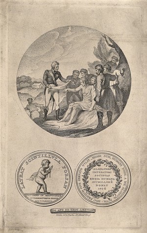 view Czar Alexander of Russia offers his handkerchief as bandage to a man rescued from drowning. Stipple engraving by J. Girtin, 1806.