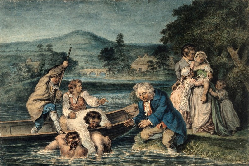A man being brought in by boat apparently drowned, his wife and family grieve on the shore. Watercolour by R. Smirke., by Robert Smirke