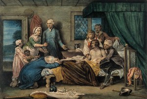 view A man recuperating in bed at a receiving-house of the Royal Humane Society, after resuscitation by W. Hawes and J.C. Lettsom from near drowning. Watercolour by R. Smirke.