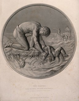 A child being rescued from a shipwreck, two women are in the sea about to be rescued by a boat. Stipple engraving by A. Roffe after F.R. Roffe after W. Wyon.