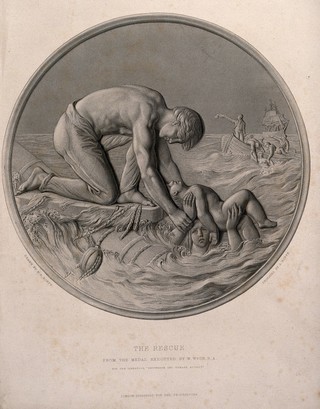 A child being rescued from a shipwreck, two women are in the sea about to be rescued by a boat. Stipple engraving by A. Roffe after F.R. Roffe after W. Wyon.