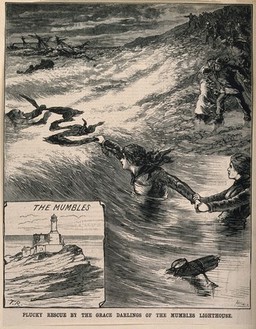 Two women rescuing a man from the sea off the coast of Swansea. Wood engraving by W.H., 1883, after T.R.