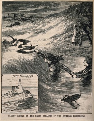 view Two women rescuing a man from the sea off the coast of Swansea. Wood engraving by W.H., 1883, after T.R.