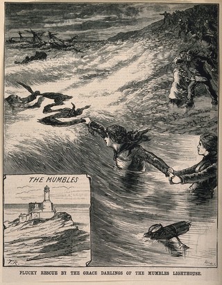 Two women rescuing a man from the sea off the coast of Swansea. Wood engraving by W.H., 1883, after T.R.