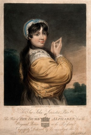 view A woman using sign language. Coloured aquatint by W.T. Annis, 1819, after J. Northcote.
