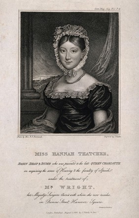 Hannah Thatcher, deaf and dumb since birth, taught to hear and speak by W. Wright. Stipple engraving by J. Rogers, 1823, after Miss R.E. Drummond.