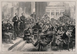 view Two men performing a show to an audience at a public house, using sign language. Wood engraving, 1875.