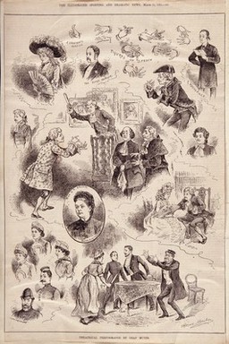 Deaf and dumb people from the Hackney Mission to the Deaf and Dumb performing plays, sign language, and portraits of staff at the institution. Wood engraving by J. Swain, 1884, after H. Morehen.