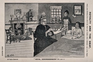 view Queen Victoria using sign language to talk to Mrs B. Tuffield, a deaf mute woman. Process print after H. Ash.