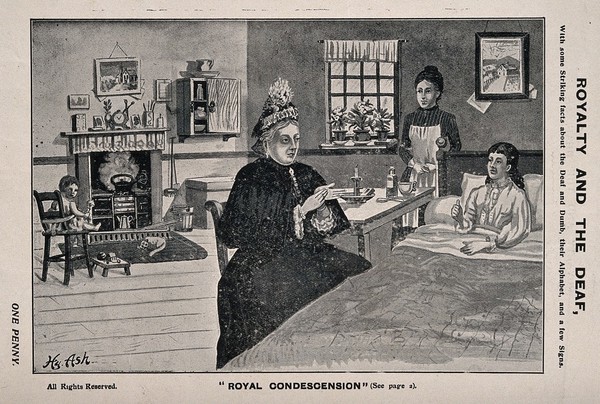 Queen Victoria using sign language to talk to Mrs B. Tuffield, a deaf mute woman. Process print after H. Ash.